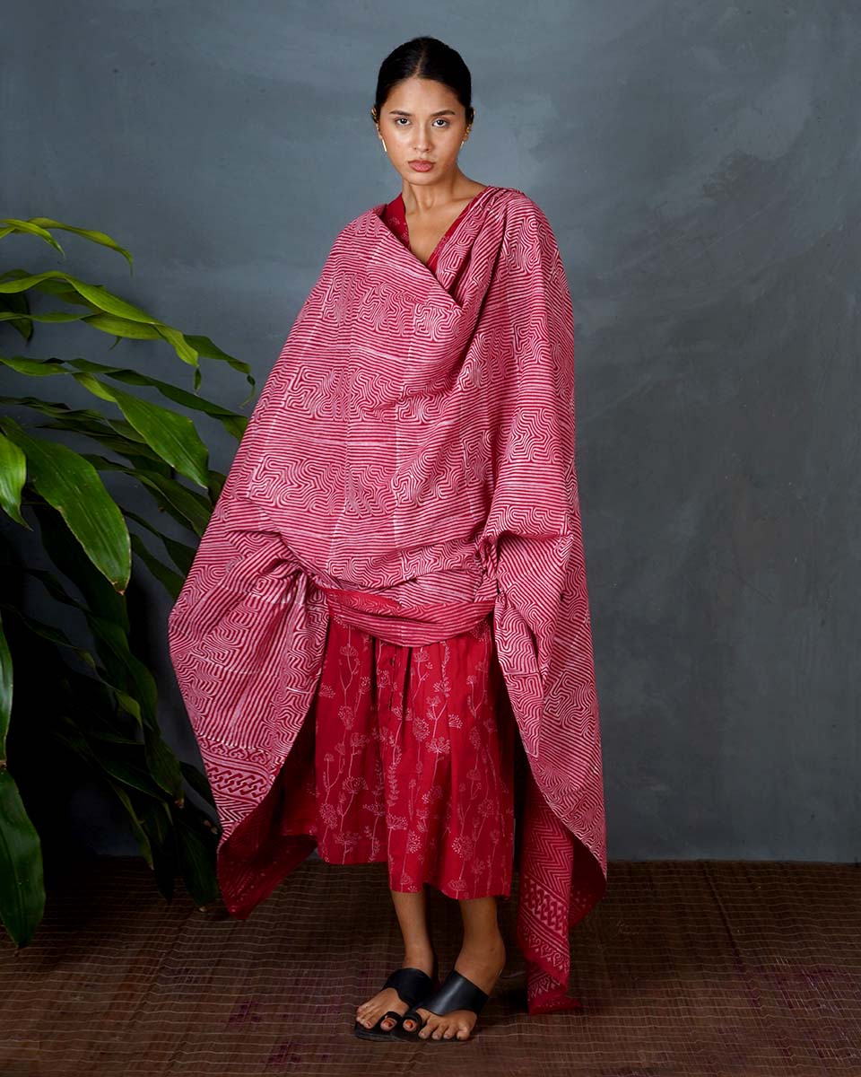 Dhara Red Hand Block Printed Cotton Dupatta-MYA - Image 5