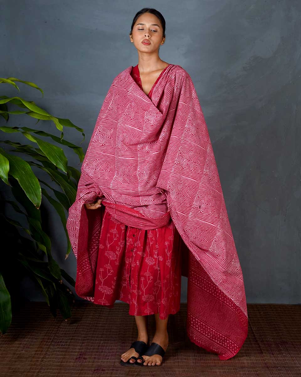 Dhara Red Hand Block Printed Cotton Dupatta-MYA - Image 8