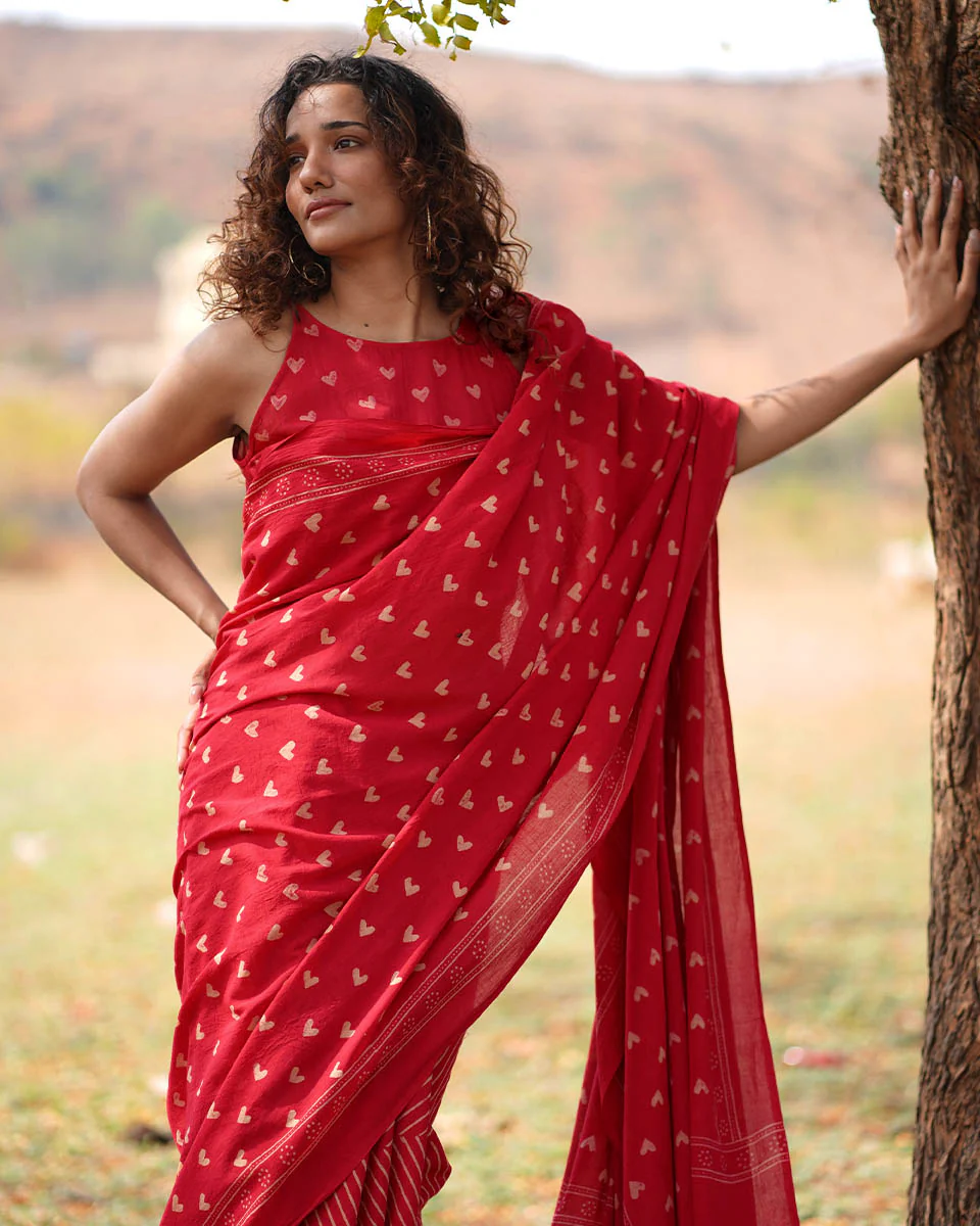 Dil Deewana Red Hand block Printed Cotton Saree - Image 5