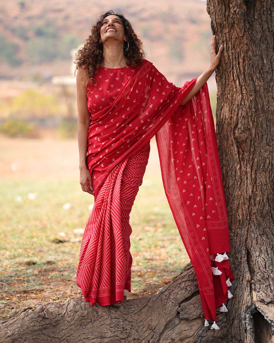 Dil Deewana Red Hand block Printed Cotton Saree - Image 6