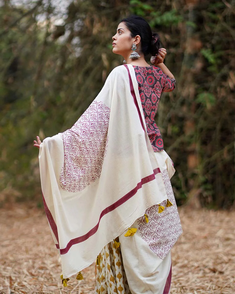 Dil-Navaaz Ivory Block Printed Cotton Saree - WW - Image 8