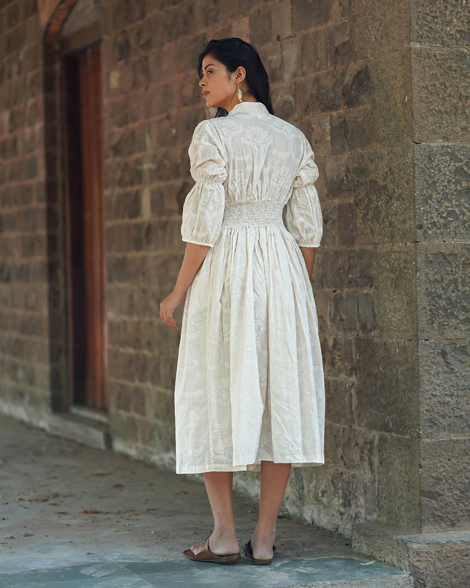 Dried Magnolia Ivory Block Printed Dress - SFD - Image 5