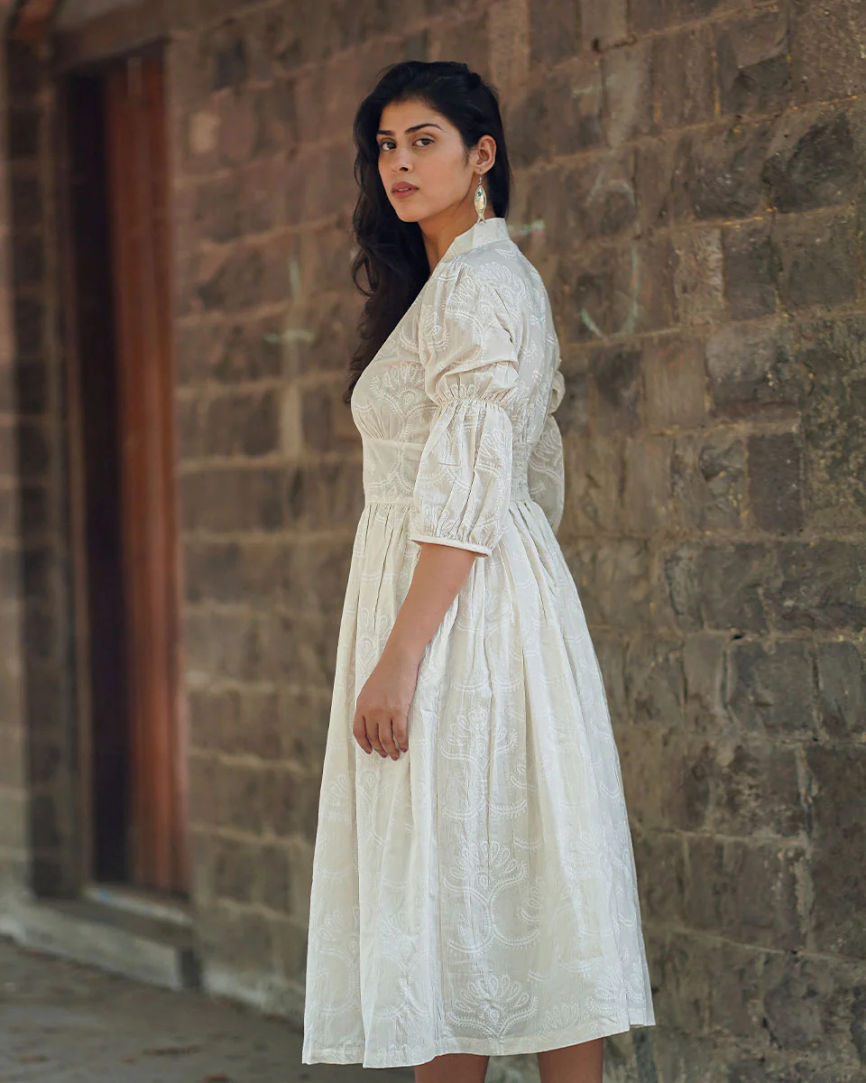 Dried Magnolia Ivory Block Printed Dress - SFD - Image 7