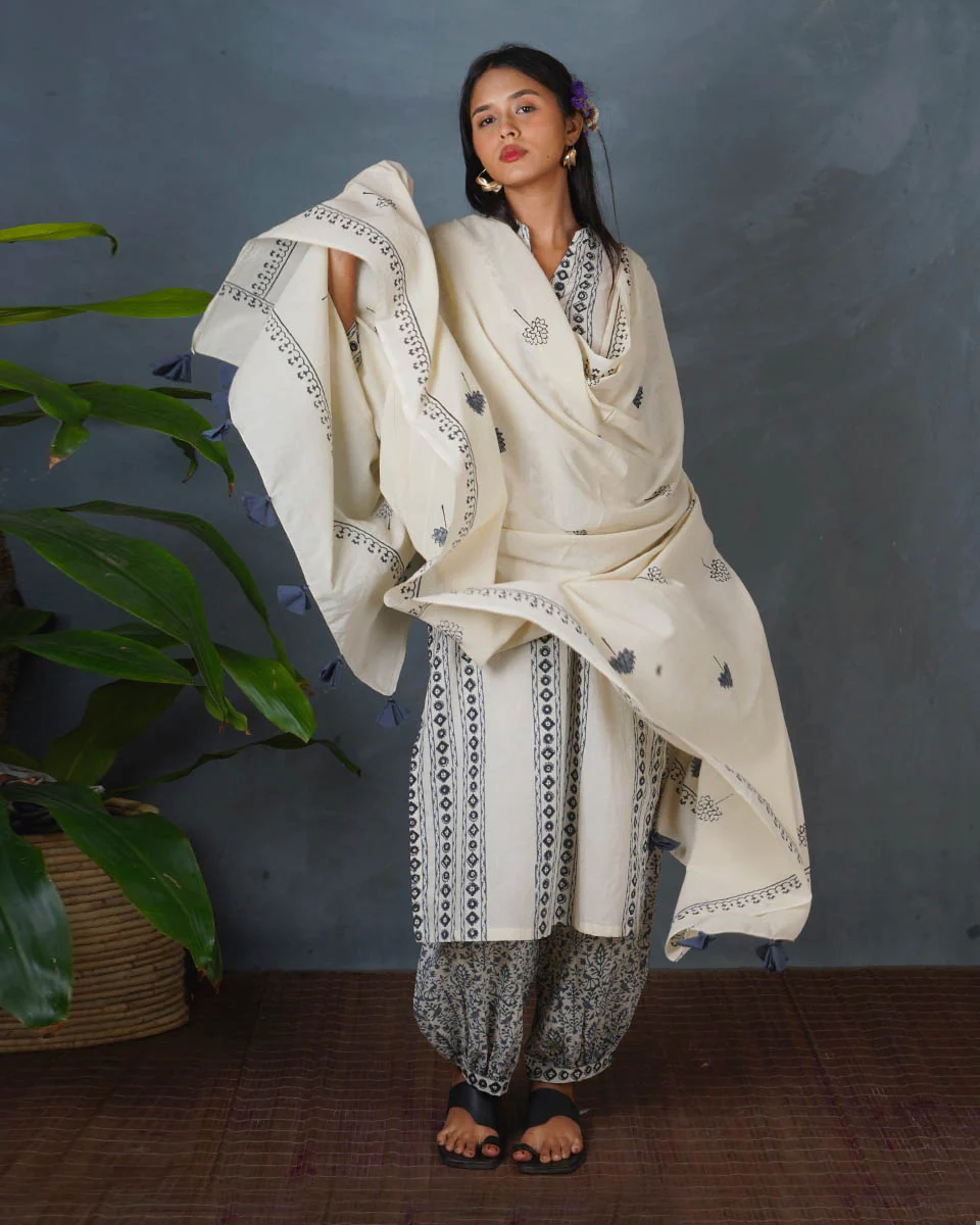 Drifting Ash Ivory Block Printed Dupatta - BMS - Image 4
