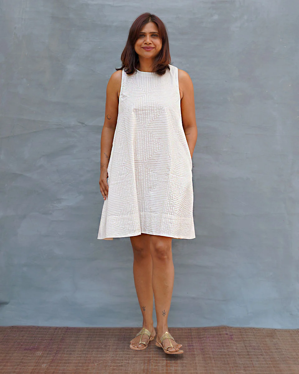 Drifting Away White Handblock Print Cotton Dress - Safed