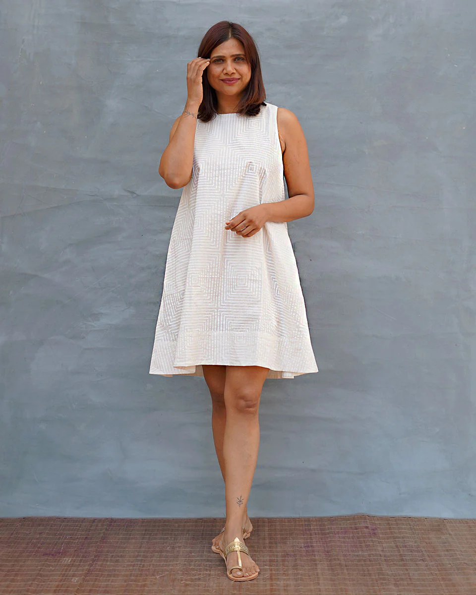 Drifting Away White Handblock Print Cotton Dress - Safed - Image 9