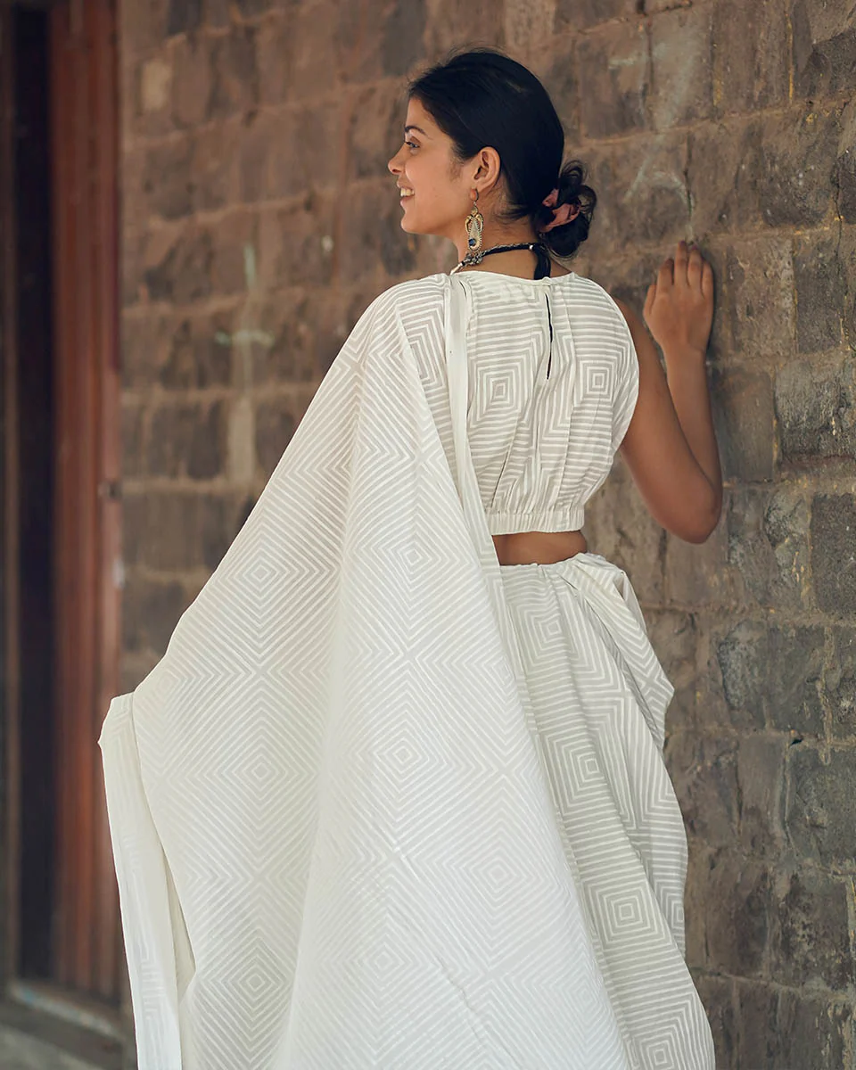 Dust of Dove Ivory Block Printed Saree - SFD - Image 6