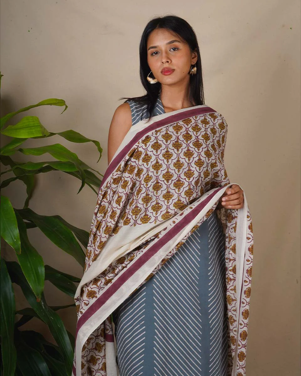 Eden Ivory Block Printed Cotton Dupatta - WW - Image 2