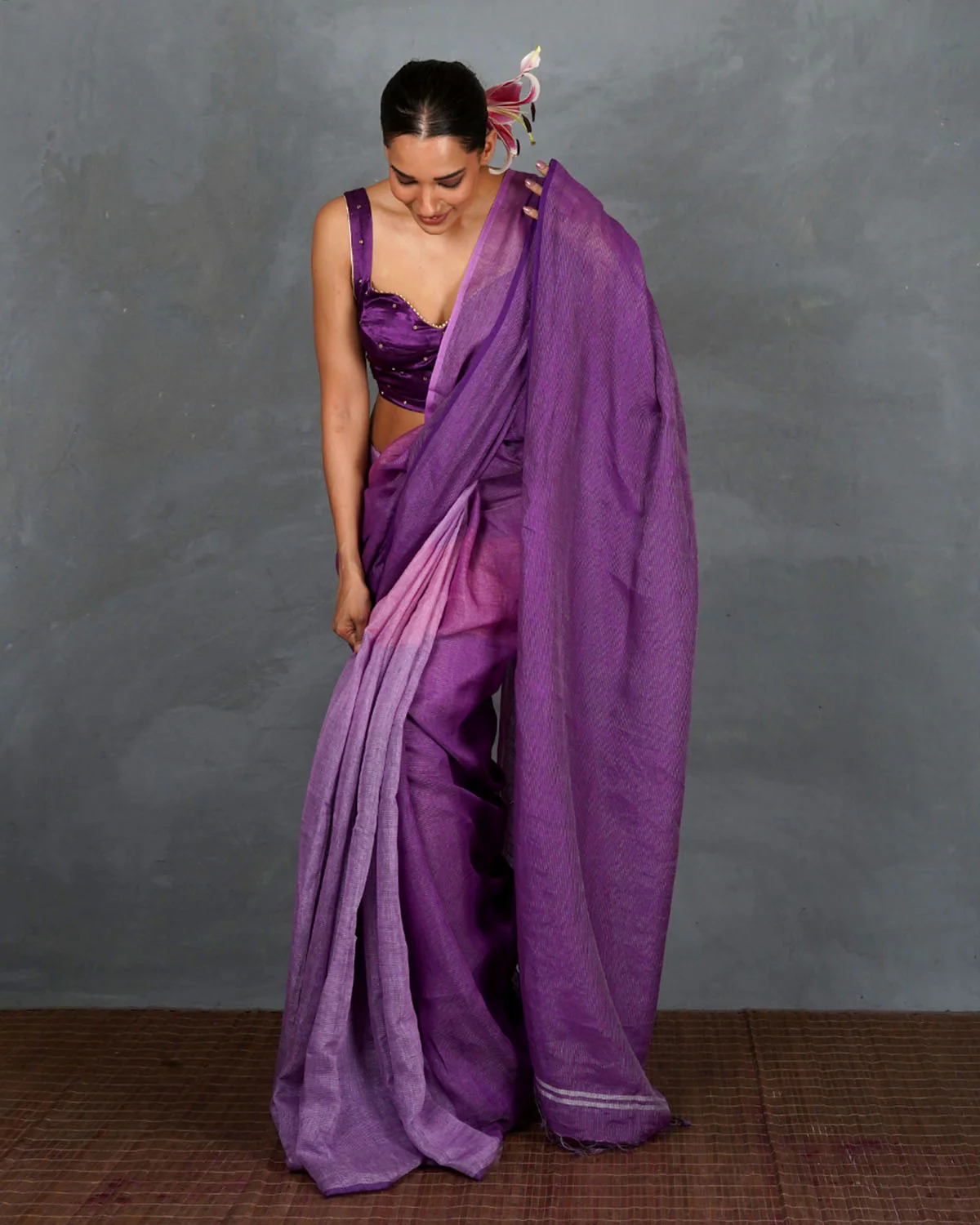Embrace Glow Purple Handwoven Linen Saree - TARA - Image 10