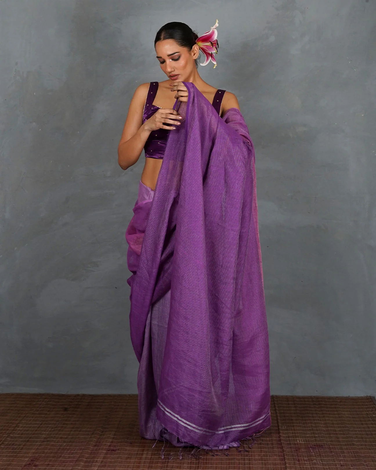 Embrace Glow Purple Handwoven Linen Saree - TARA - Image 11