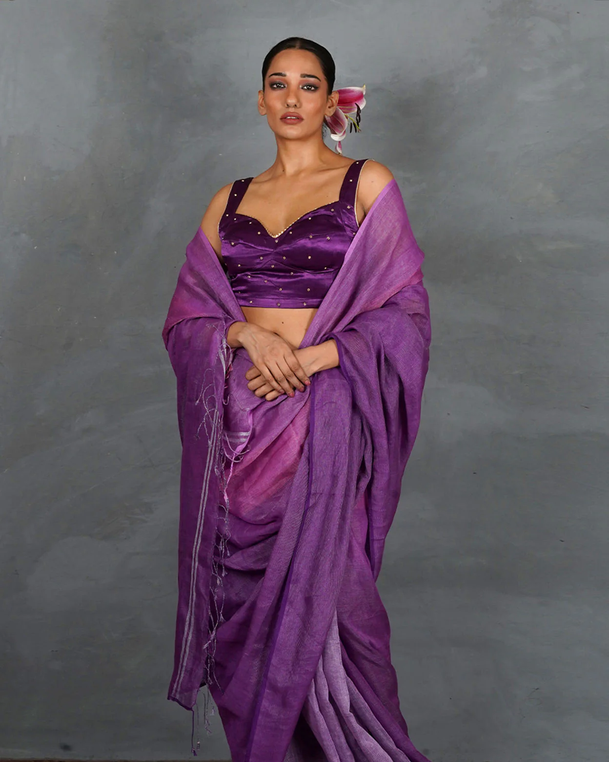 Embrace Glow Purple Handwoven Linen Saree - TARA - Image 7