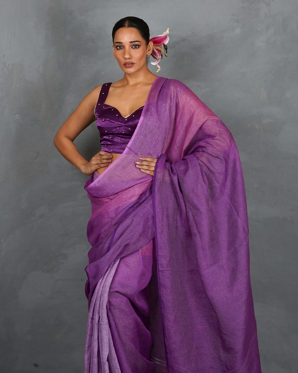 Embrace Glow Purple Handwoven Linen Saree - TARA - Image 9