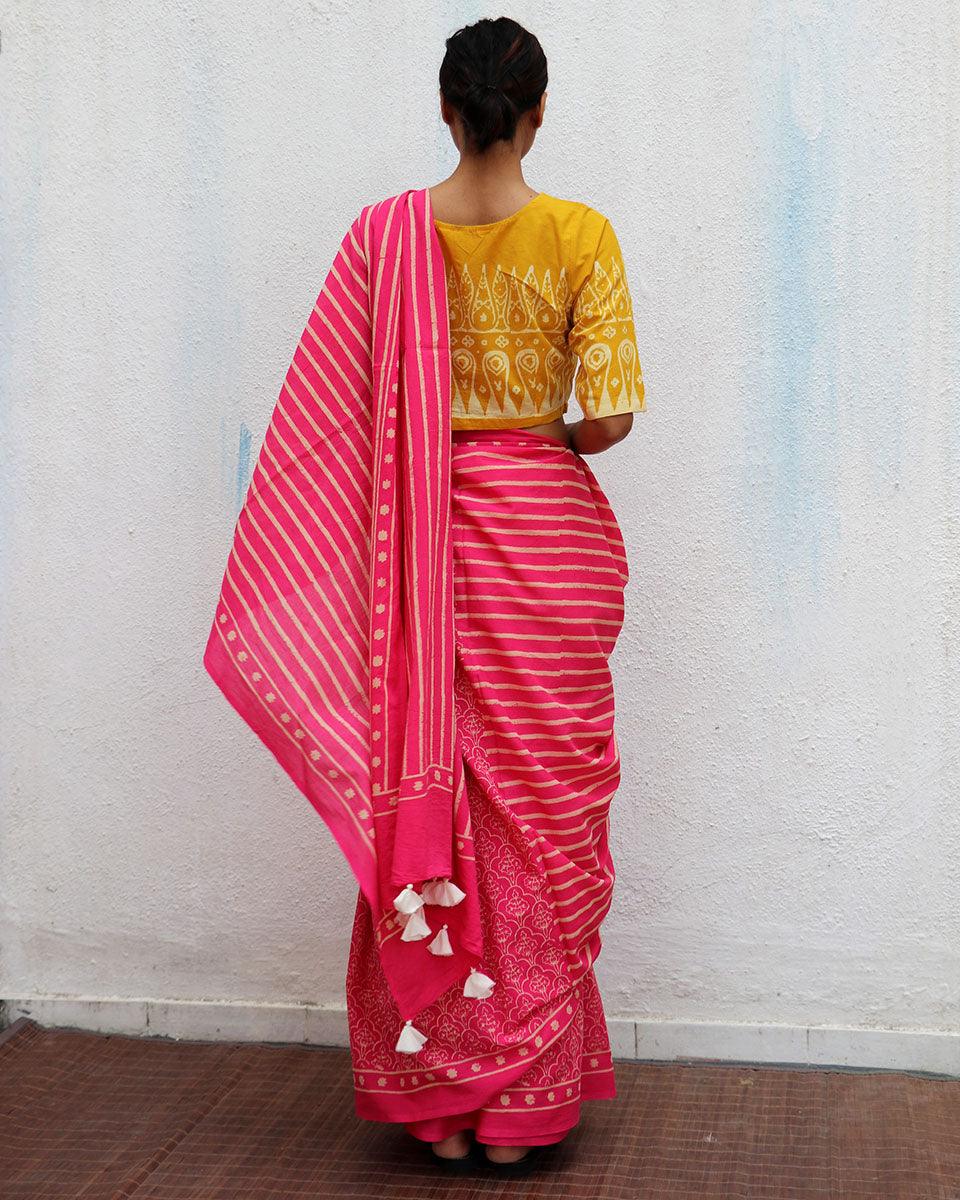 Firelight Pink Handprinted Cotton Sarees - Image 7