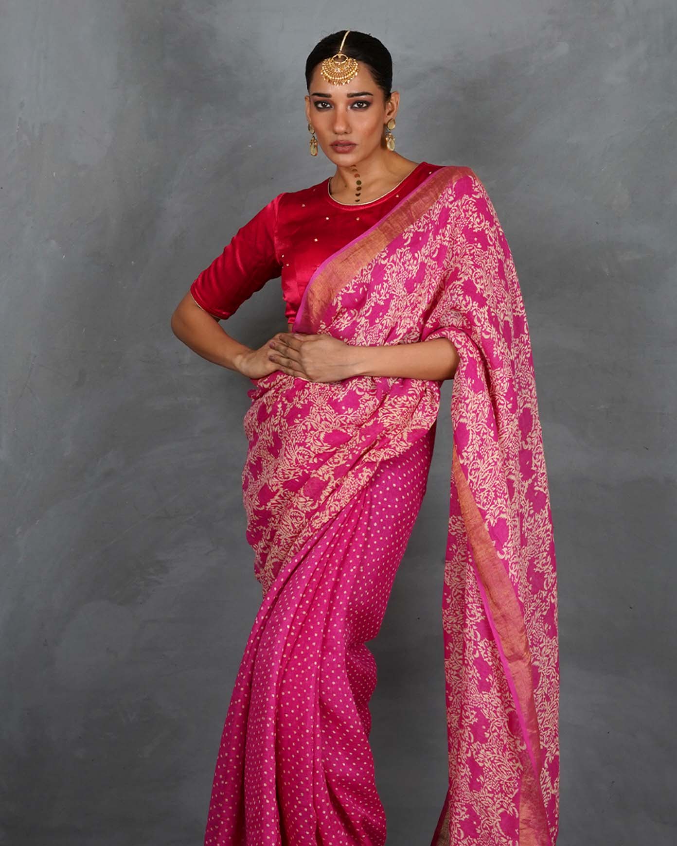 Fiza Pink Handblock Linen Saree - TARA - Image 6