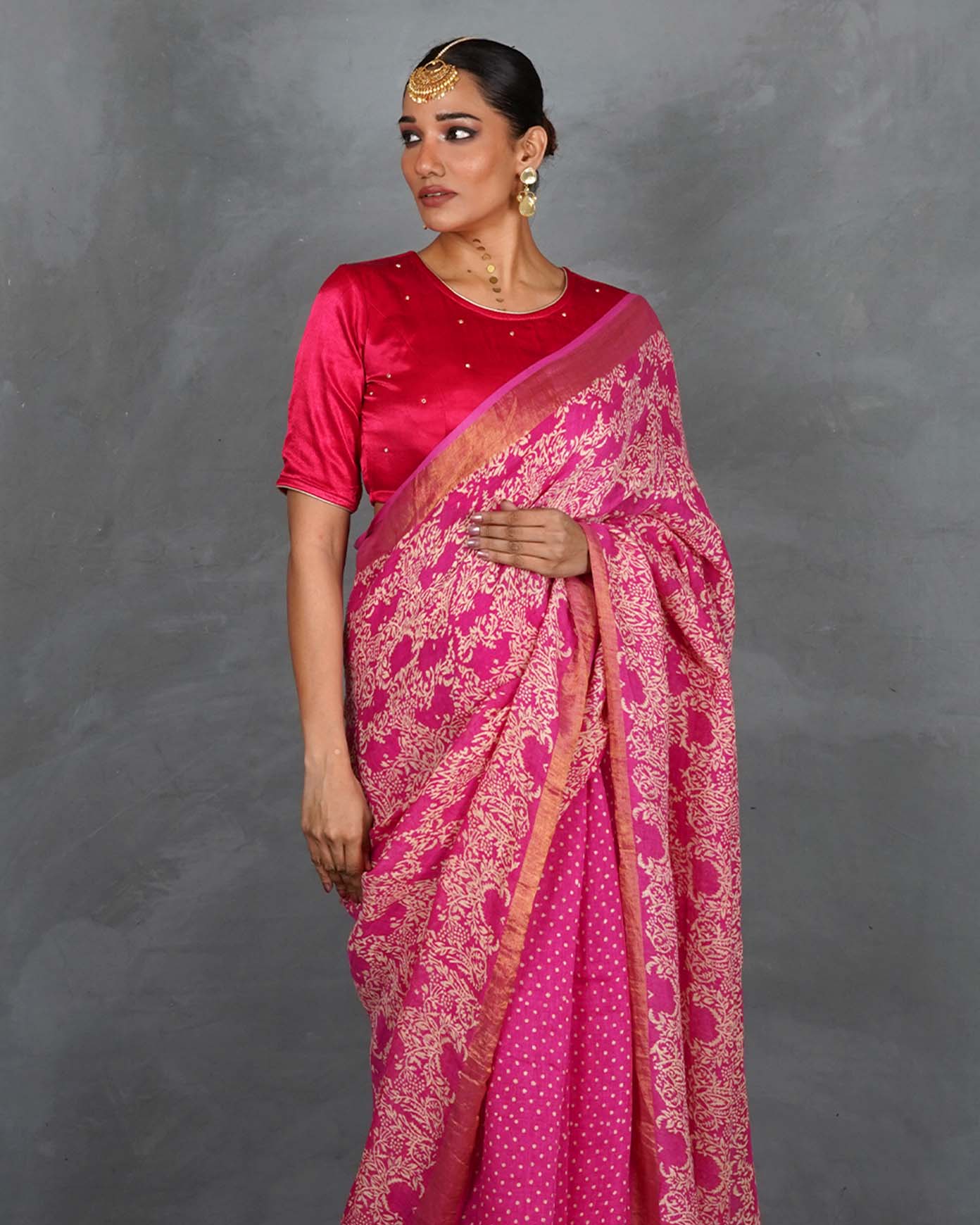 Fiza Pink Handblock Linen Saree - TARA - Image 7
