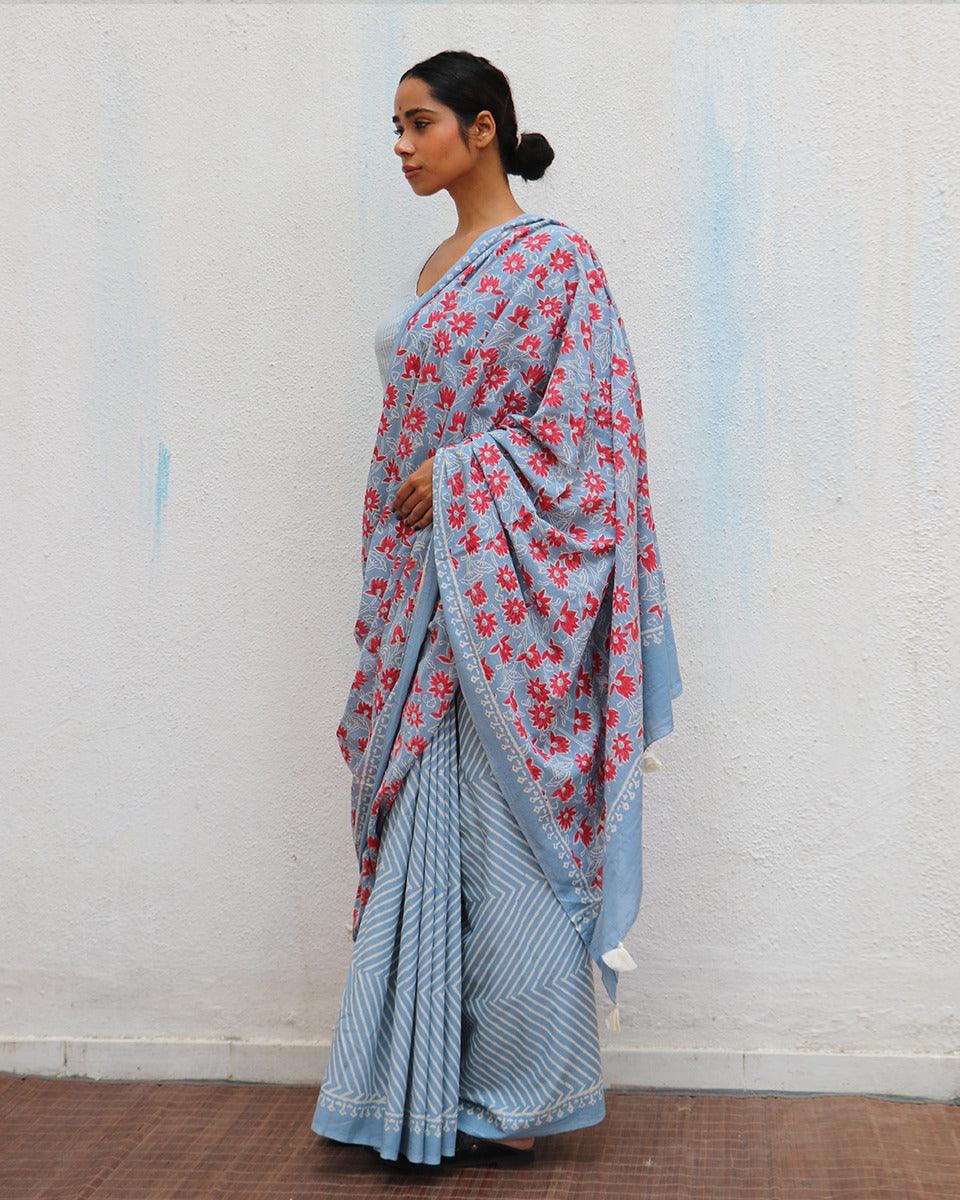 Folk Flowers Handprinted Cotton Sarees - Image 6