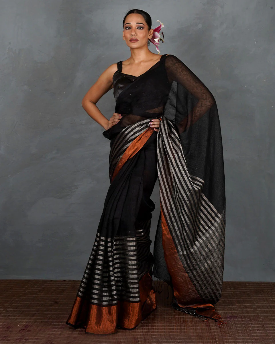 Follow Dawn Black Handwoven Linen Saree - TARA - Image 10