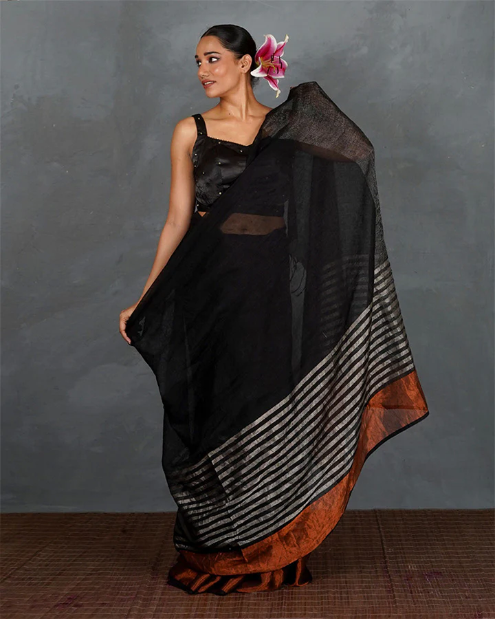 Follow Dawn Black Handwoven Linen Saree - TARA - Image 2