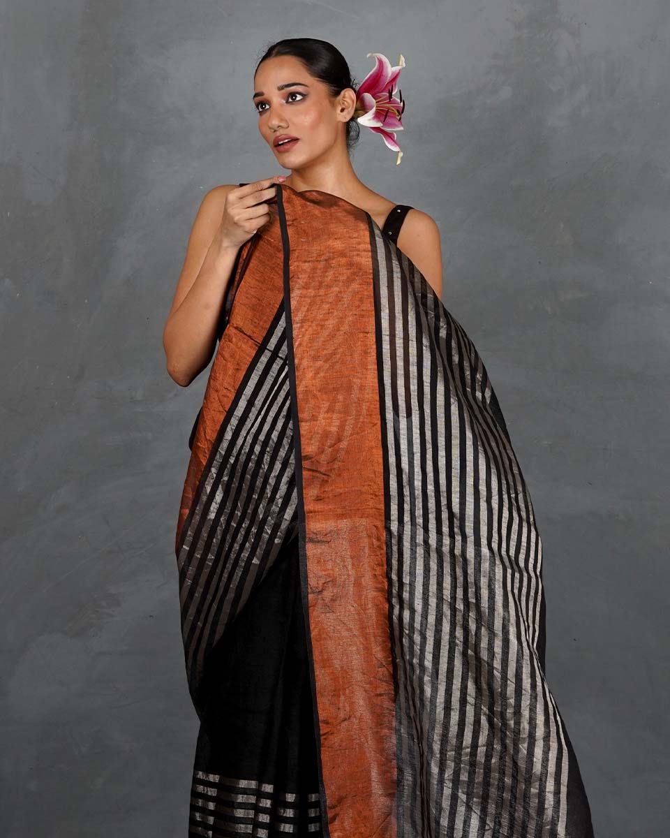 Follow Dawn Black Handwoven Linen Saree - TARA - Image 4