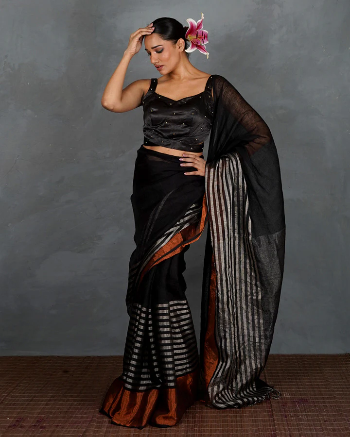 Follow Dawn Black Handwoven Linen Saree - TARA - Image 7