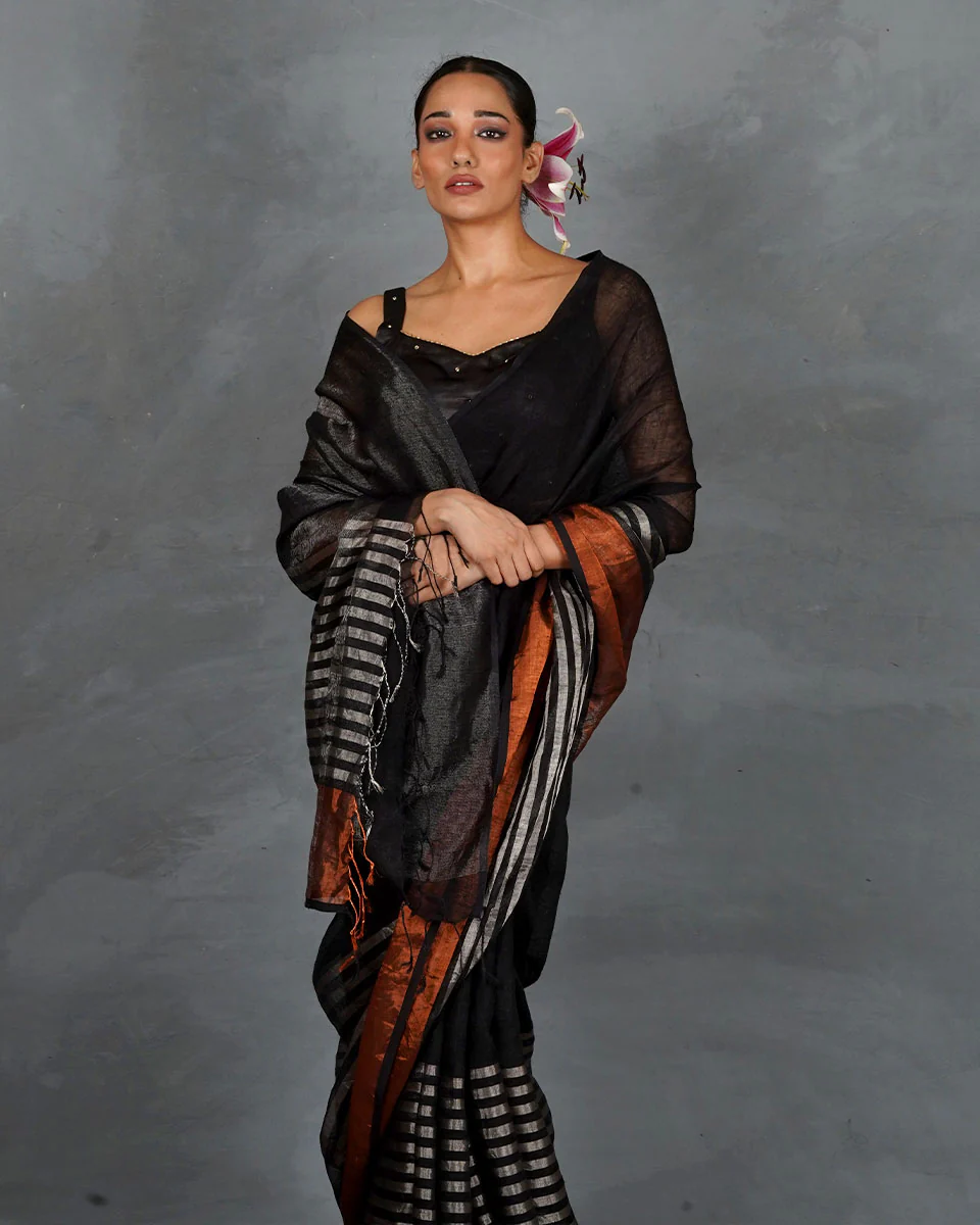 Follow Dawn Black Handwoven Linen Saree - TARA - Image 8