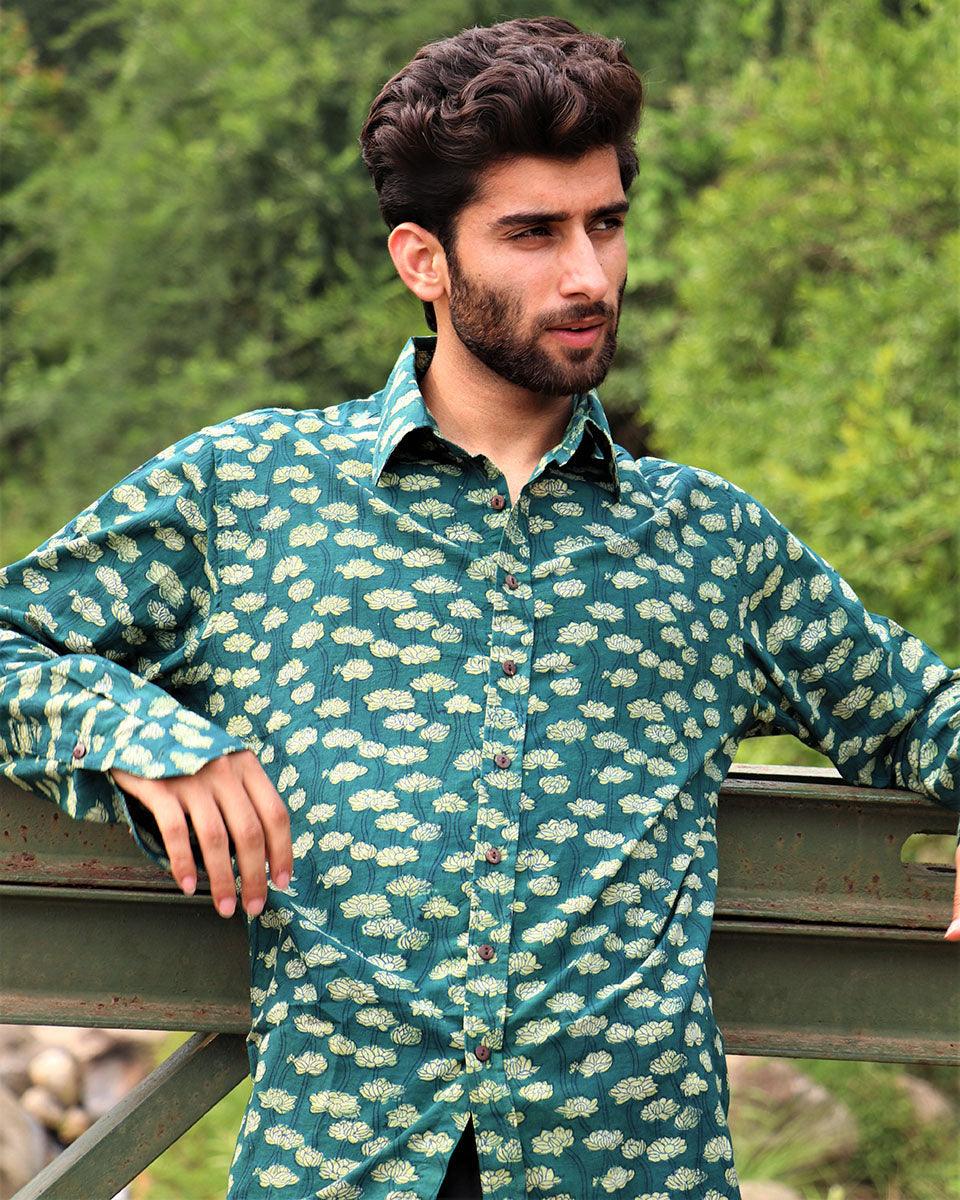 Forest Green Block Printed Cotton Shirt - Image 2