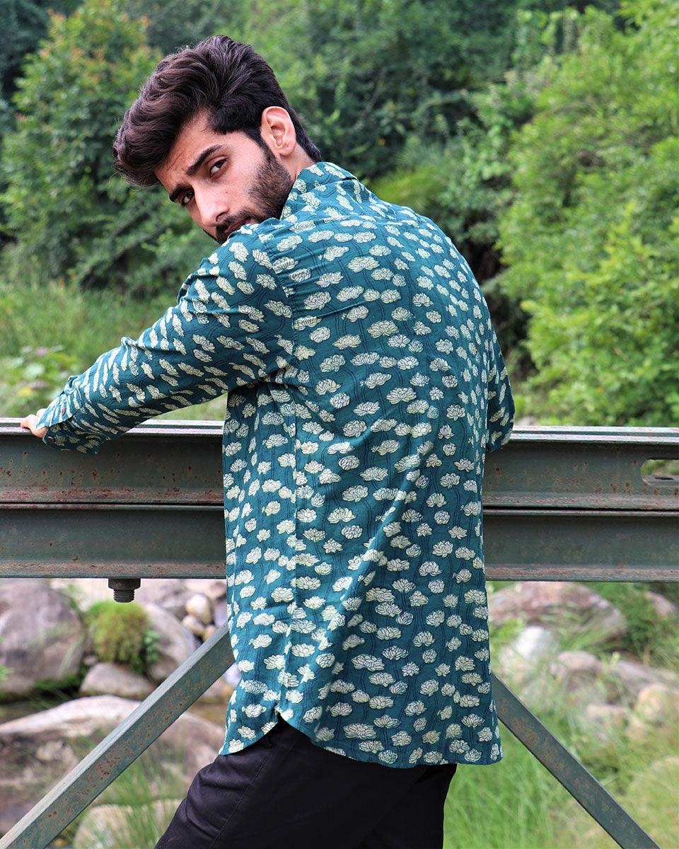 Forest Green Block Printed Cotton Shirt - Image 7
