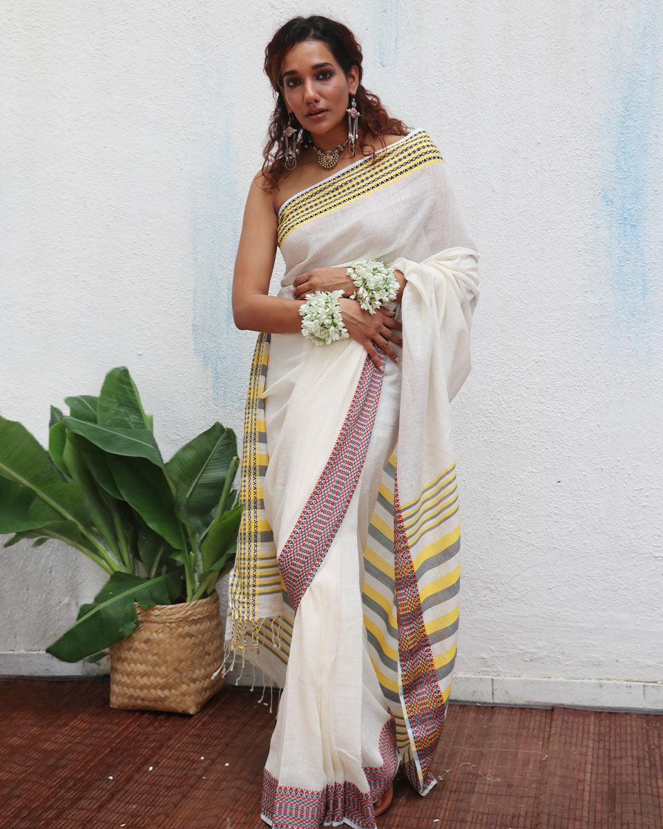 Gauri Ivory Handwoven Linen Cotton Jamdani Saree - Uma - Image 2