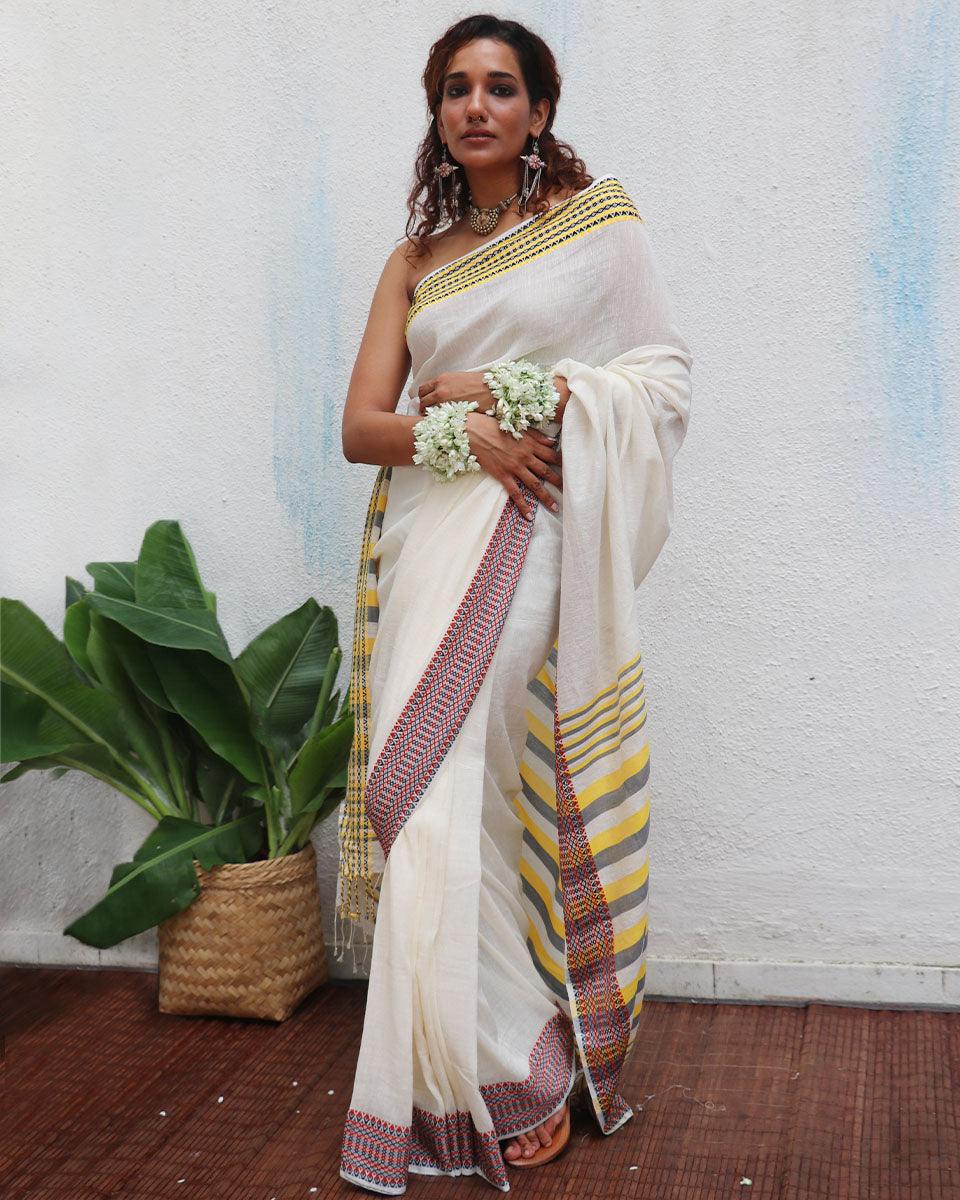 Gauri Ivory Handwoven Linen Cotton Jamdani Saree - Uma - Image 6