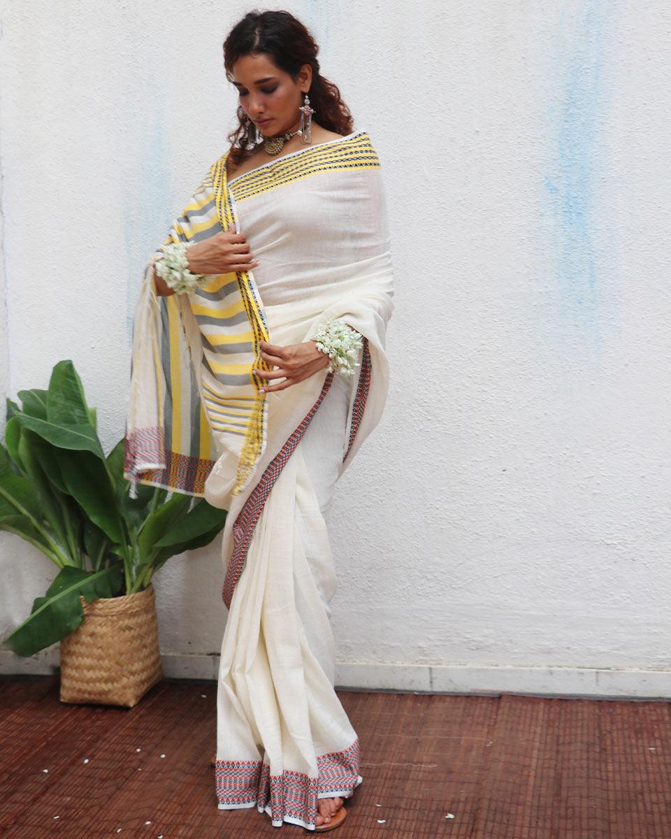 Gauri Ivory Handwoven Linen Cotton Jamdani Saree - Uma - Image 8