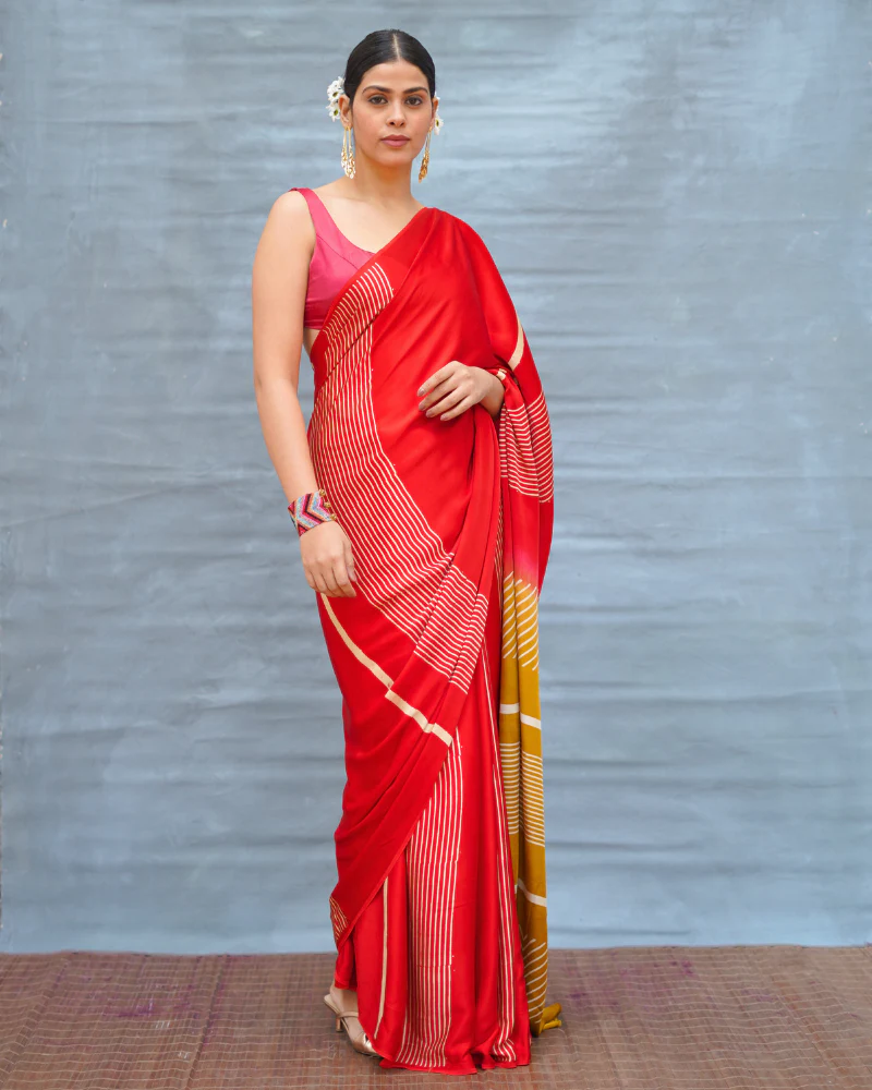 Gentle Fall Red Handblock Print Modal Silk Saree - Flow