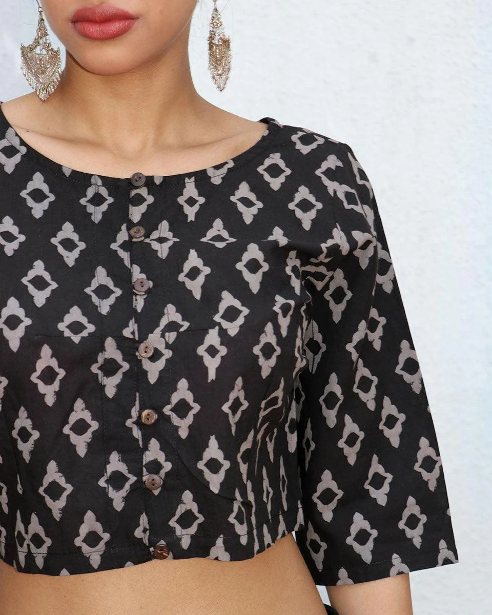Gitana Blockprinted Cotton Crop Top Blouse - NOMAD - Image 4