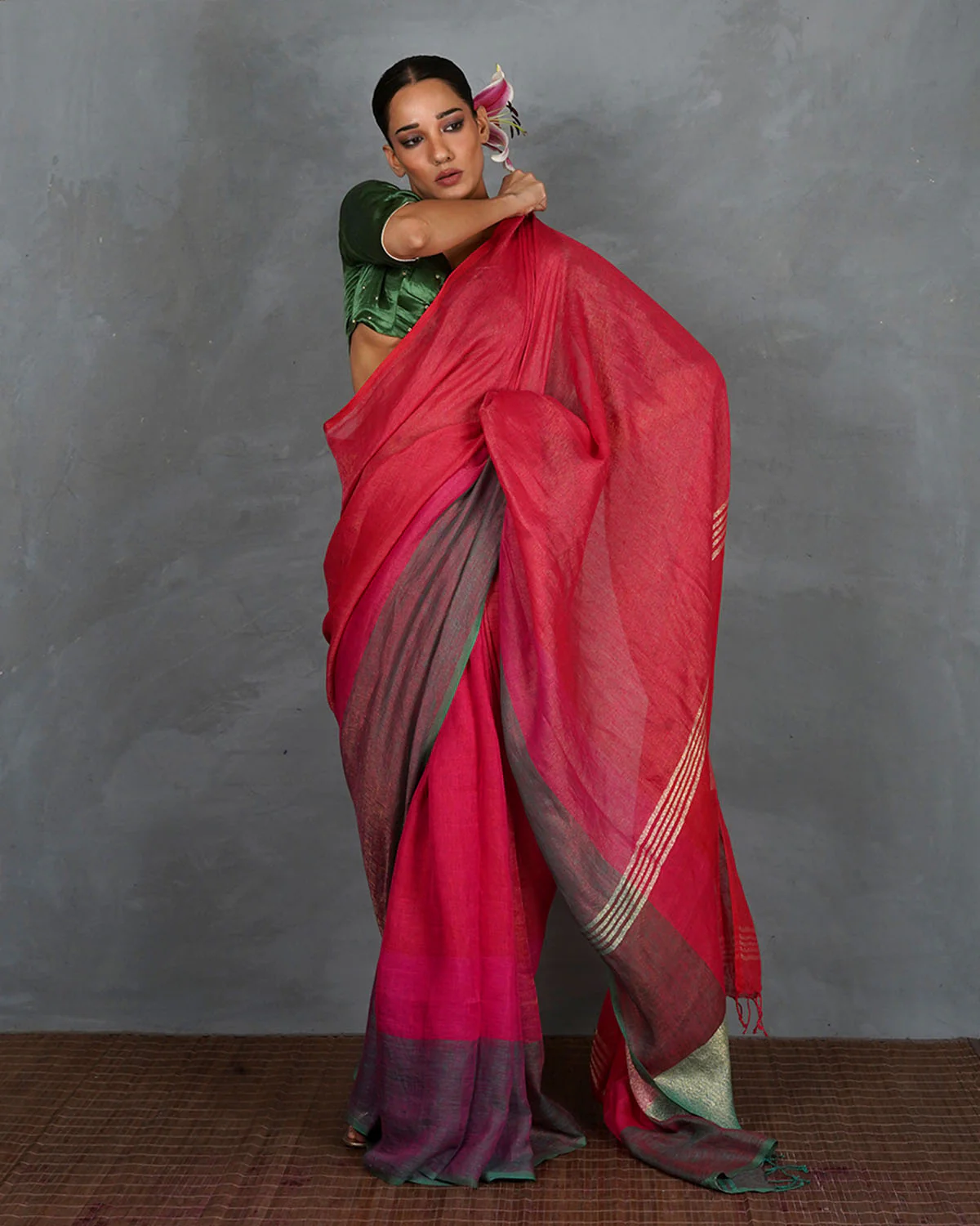 Glow Forward Red With Green Handwoven Linen Saree - TARA - Image 10