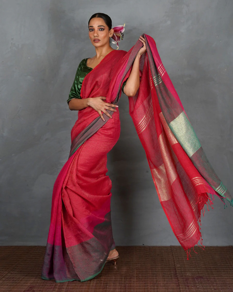 Glow Forward Red With Green Handwoven Linen Saree - TARA - Image 12