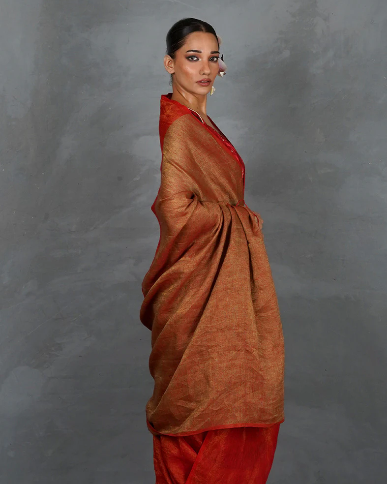Glow On Red Handwoven Linen Saree - TARA - Image 11