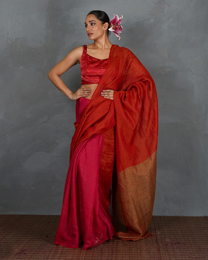Glow On Red Handwoven Linen Saree - TARA - Image 2