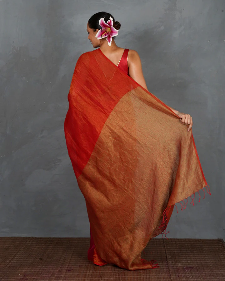 Glow On Red Handwoven Linen Saree - TARA - Image 5