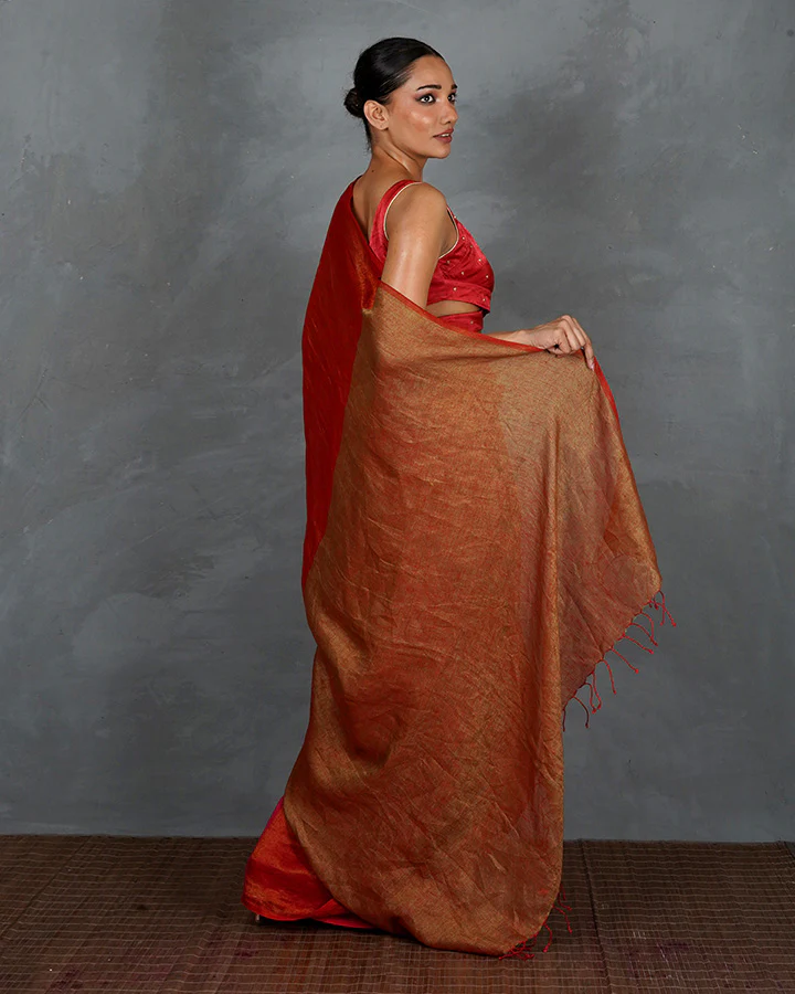 Glow On Red Handwoven Linen Saree - TARA - Image 8