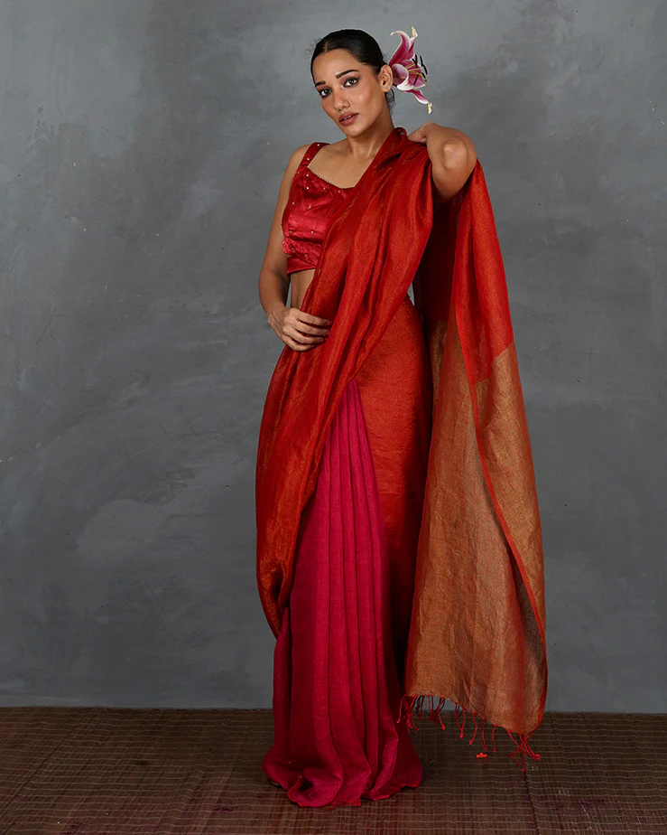 Glow On Red Handwoven Linen Saree - TARA - Image 9