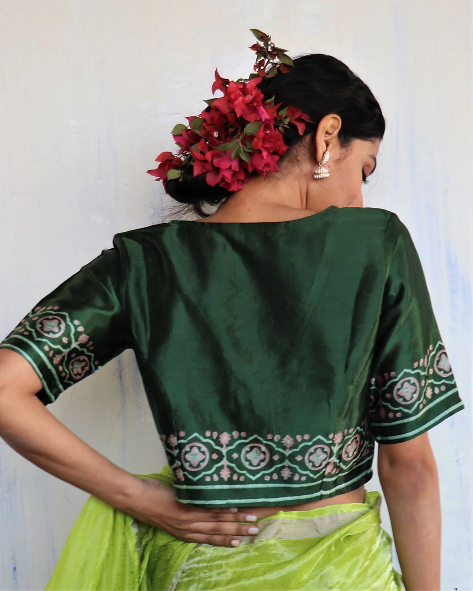 Green Blockprinted Mashru Silk Blouse - Image 3