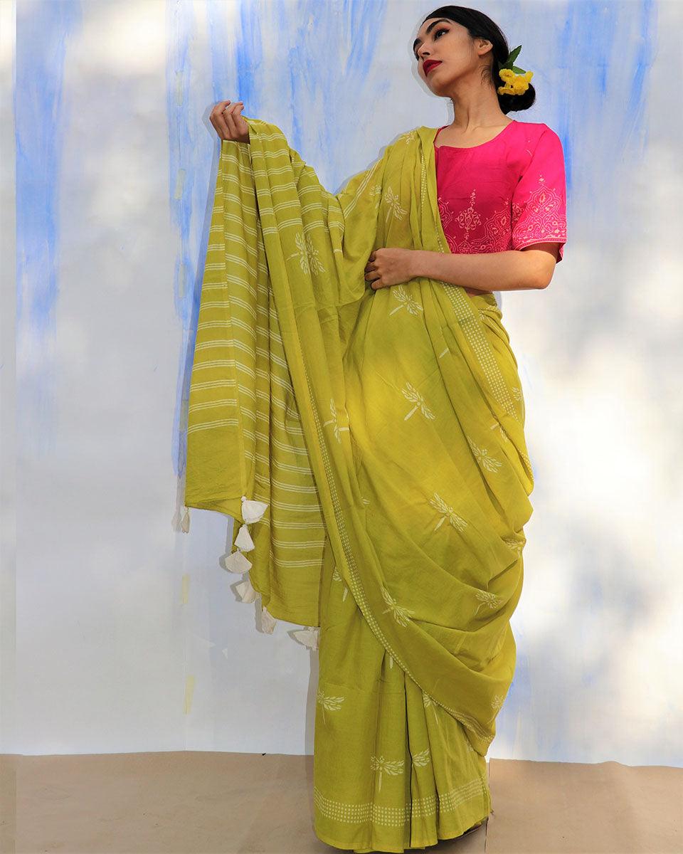 Melody Of Parrots Handblockprinted Cotton Saree-Skd - Image 2