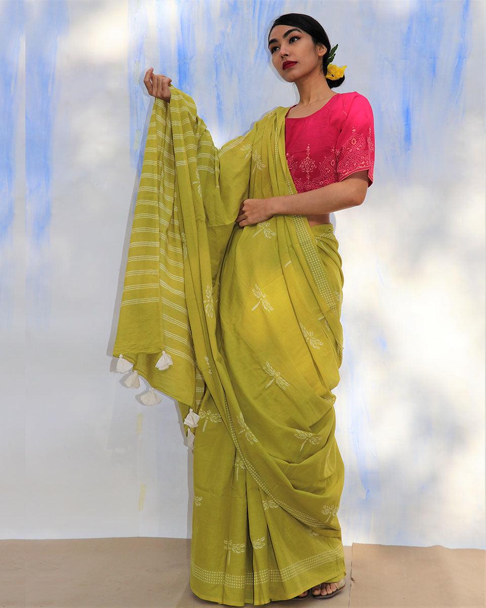 Melody Of Parrots Handblockprinted Cotton Saree-Skd - Image 5