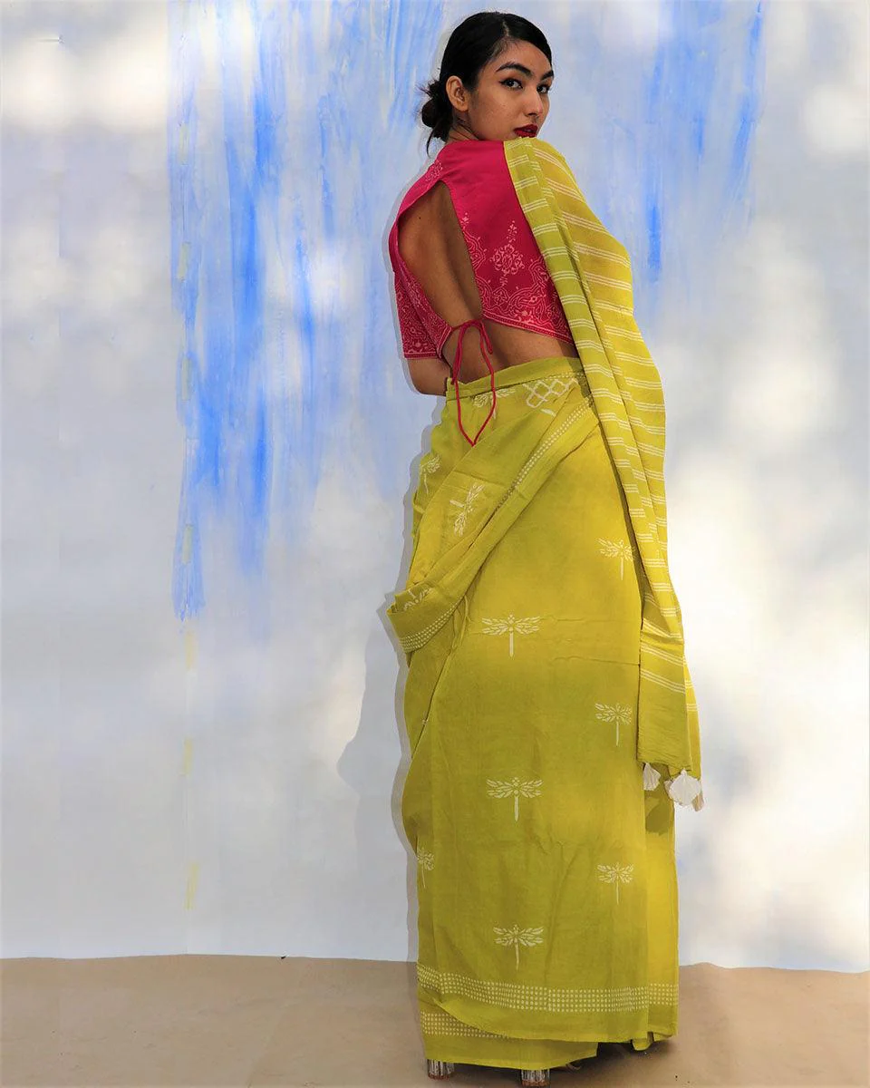 Melody Of Parrots Handblockprinted Cotton Saree-Skd - Image 6