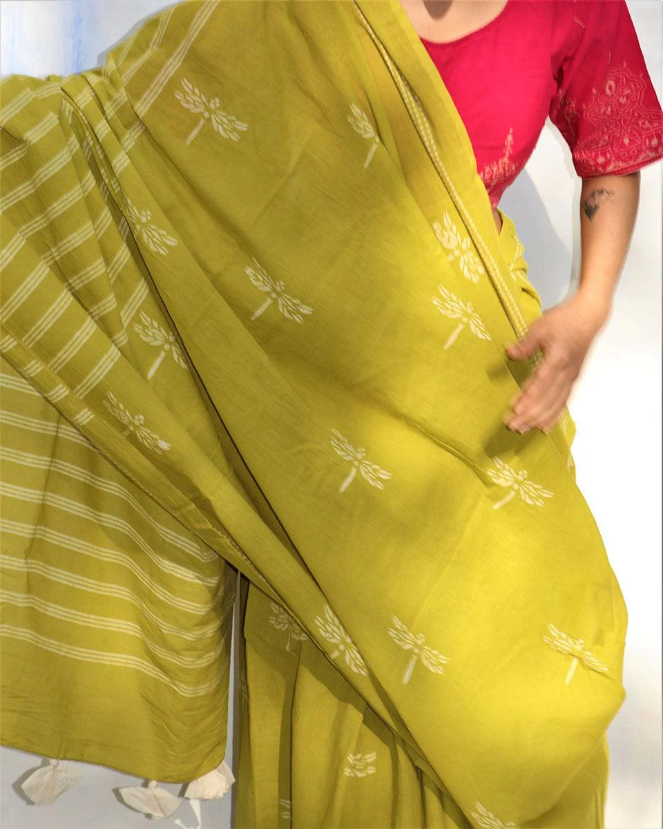 Melody Of Parrots Handblockprinted Cotton Saree-Skd - Image 7
