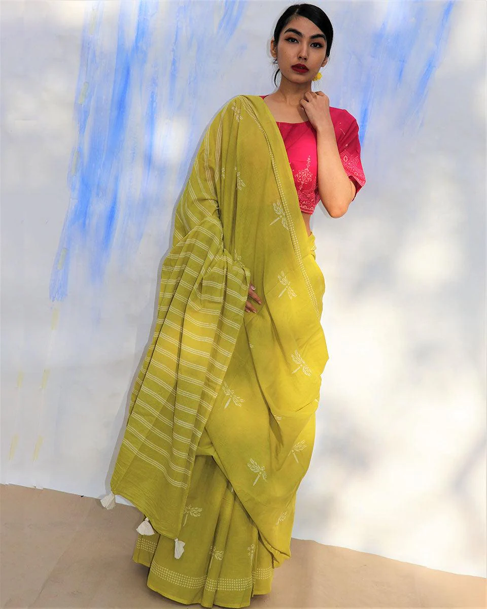 Melody Of Parrots Handblockprinted Cotton Saree-Skd - Image 8