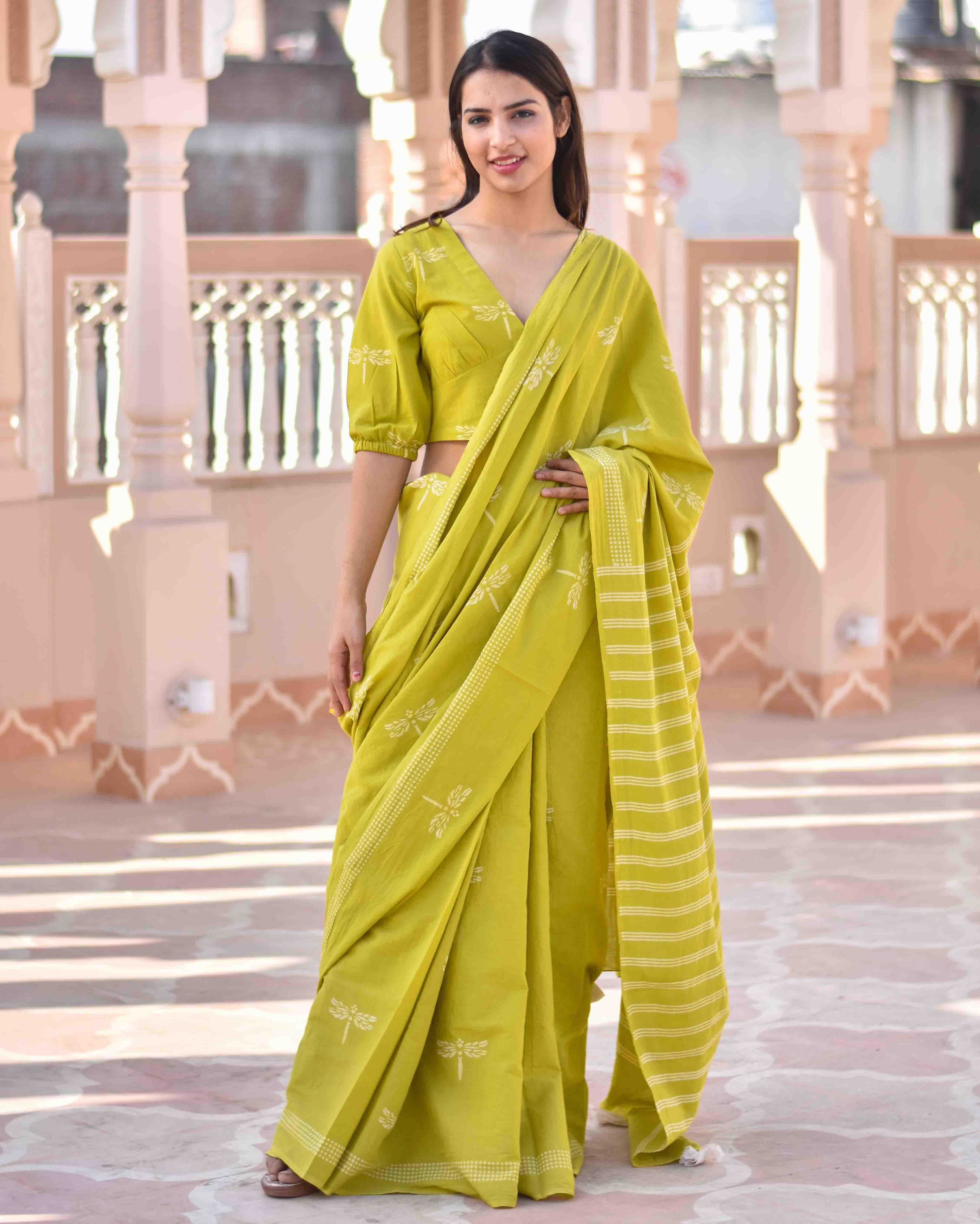Melody Of Parrots Handblockprinted Cotton Saree-Skd - Image 9
