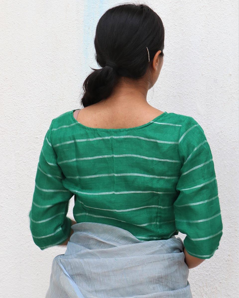 Green Handwoven Linen Zari Blouse - Everyday Beautiful - Image 3