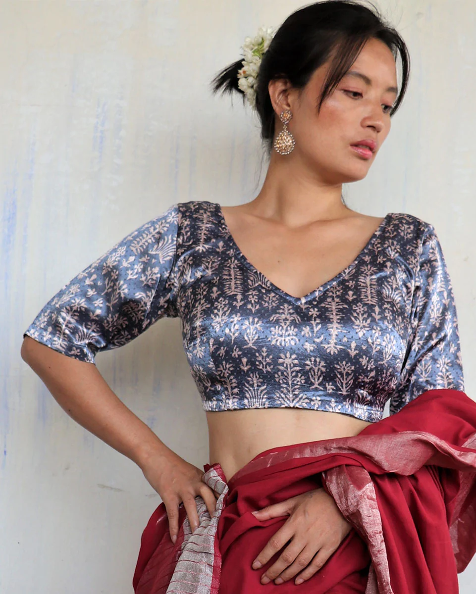 Grey Blockprinted Tie-Up Mashru Silk Blouse-Sahar - Image 4