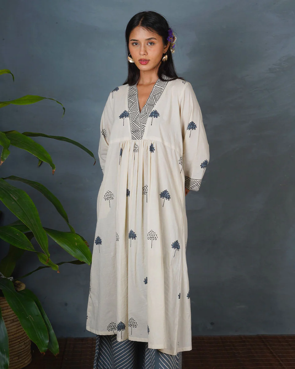 Grey Bloom Ivory Block Printed Kurti - BMS - Image 2
