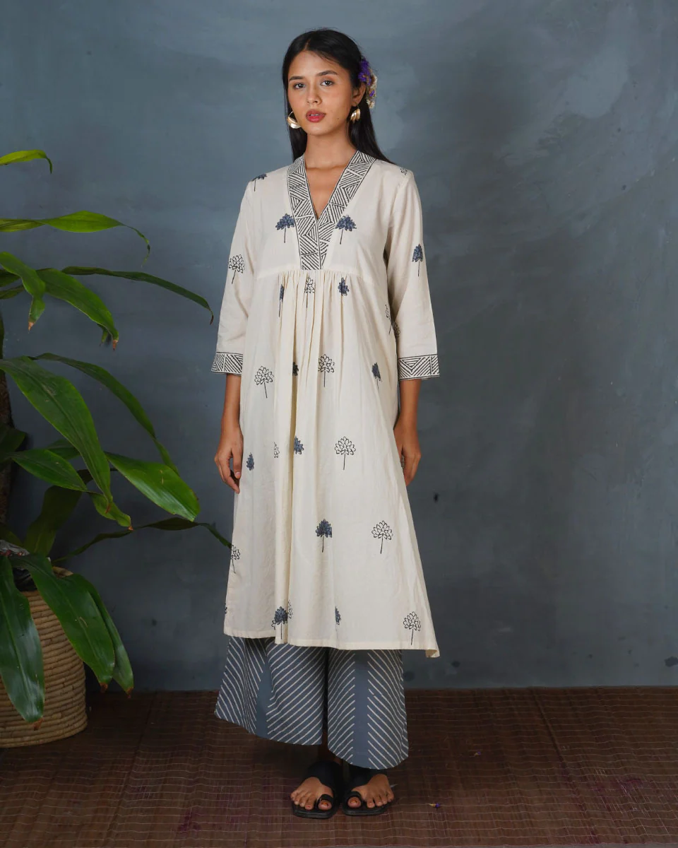 Grey Bloom Ivory Block Printed Kurti - BMS - Image 3